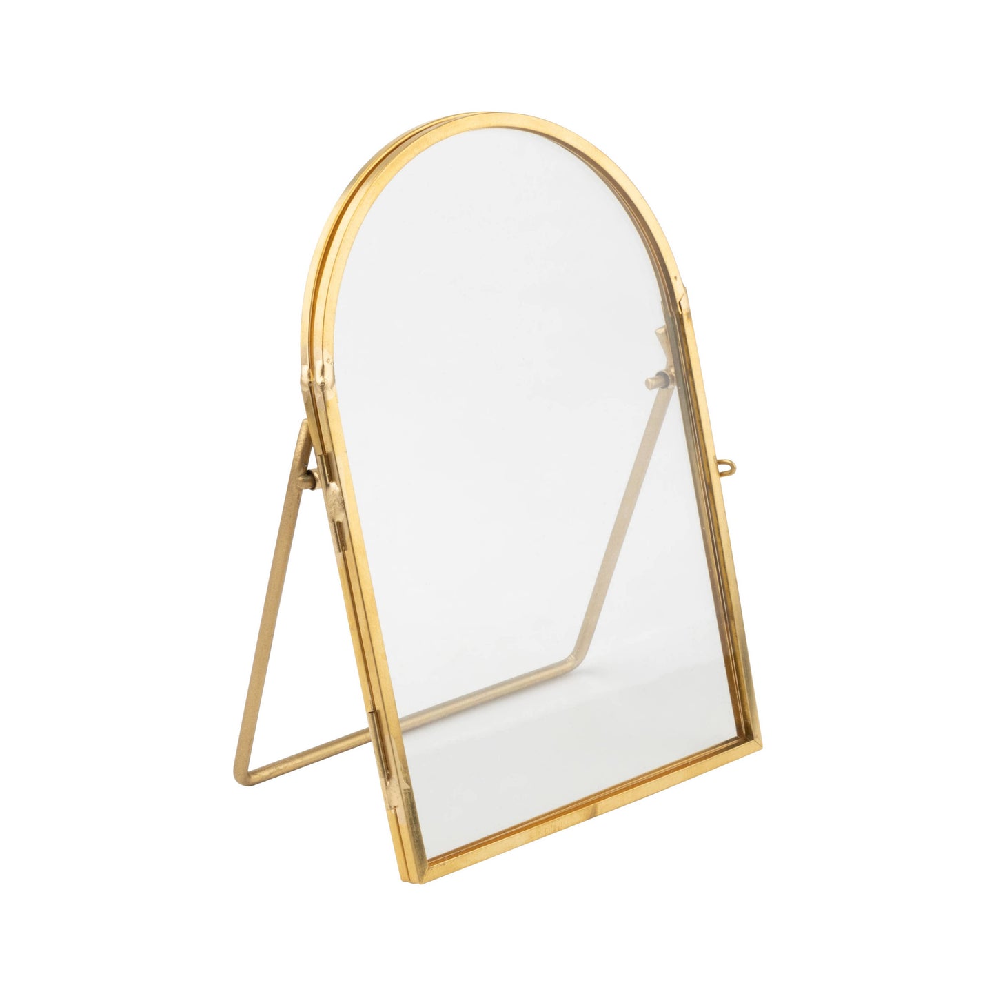 A01068: Gls,gold mtl arch-top frame,stand. Holds 4x6