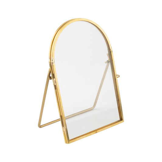 A01068: Gls,gold mtl arch-top frame,stand. Holds 4x6
