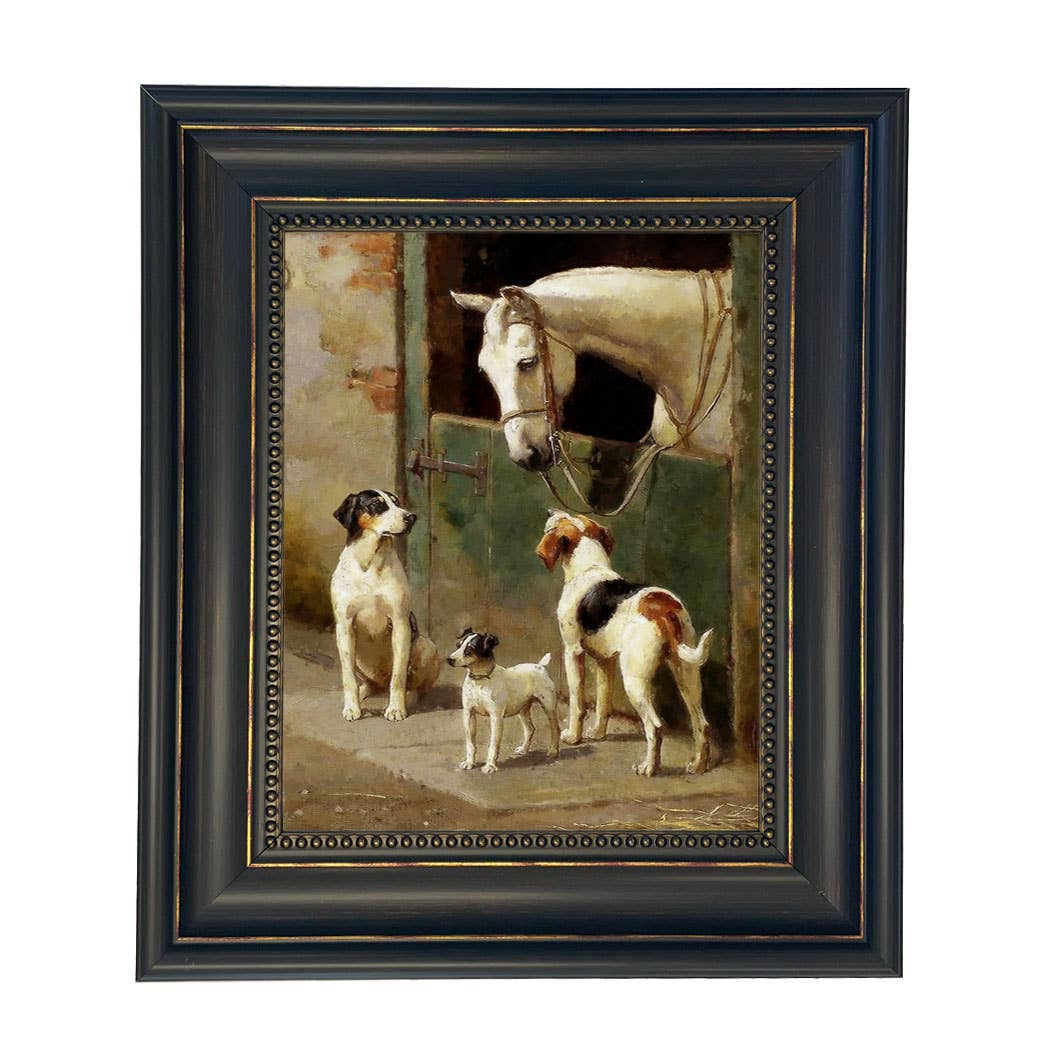 Dog and Horse at Stable Vintage Painting Print on Canvas: Leather-look Black/Antiqued Gold / 5" x 6"