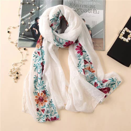 White Daisy Embroidered Cotton Scarf