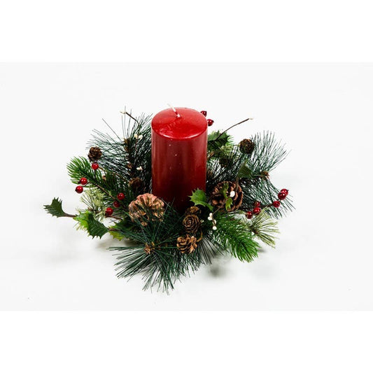 Holly, Red Berry, Pine Cone And Pine Candle Ring, 2.5 In Rim