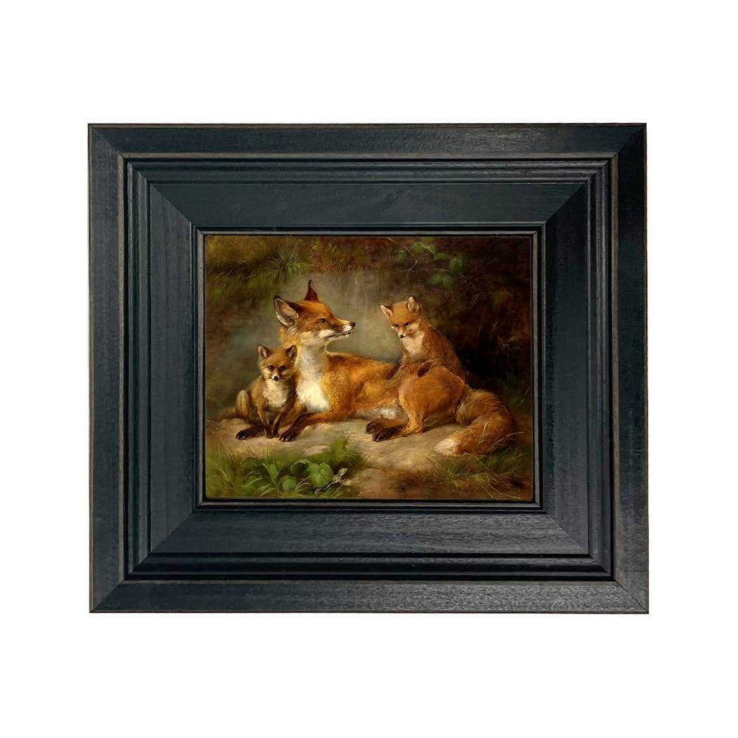 Family of Foxes Vintage Painting Print on Canvas Wall Art: Black Distressed / 5" x 6"