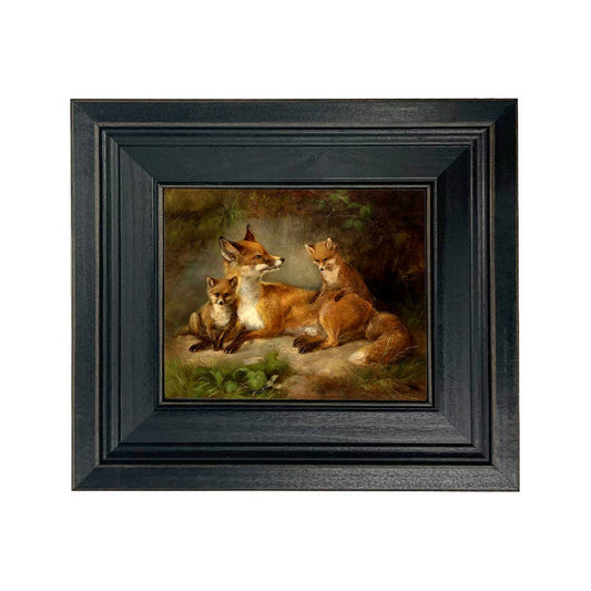 Family of Foxes Vintage Painting Print on Canvas Wall Art: Black Distressed / 5" x 6"