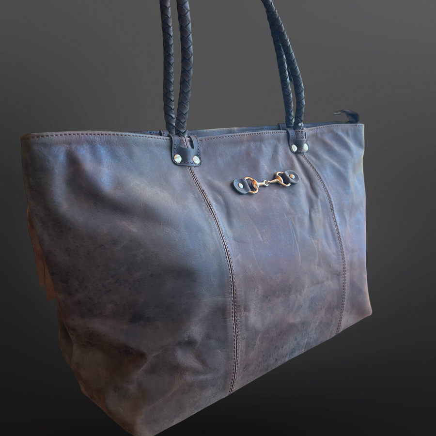 Equestrian Snaffle Bit Newmarket Leather Tote Bag Purse: Distressed Oakbark