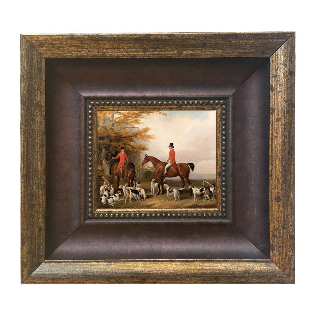 The Meeting Fox Hunt Scene Vintage Painting Print on Canvas: Gold Florentine Leaf / 8" x 10"
