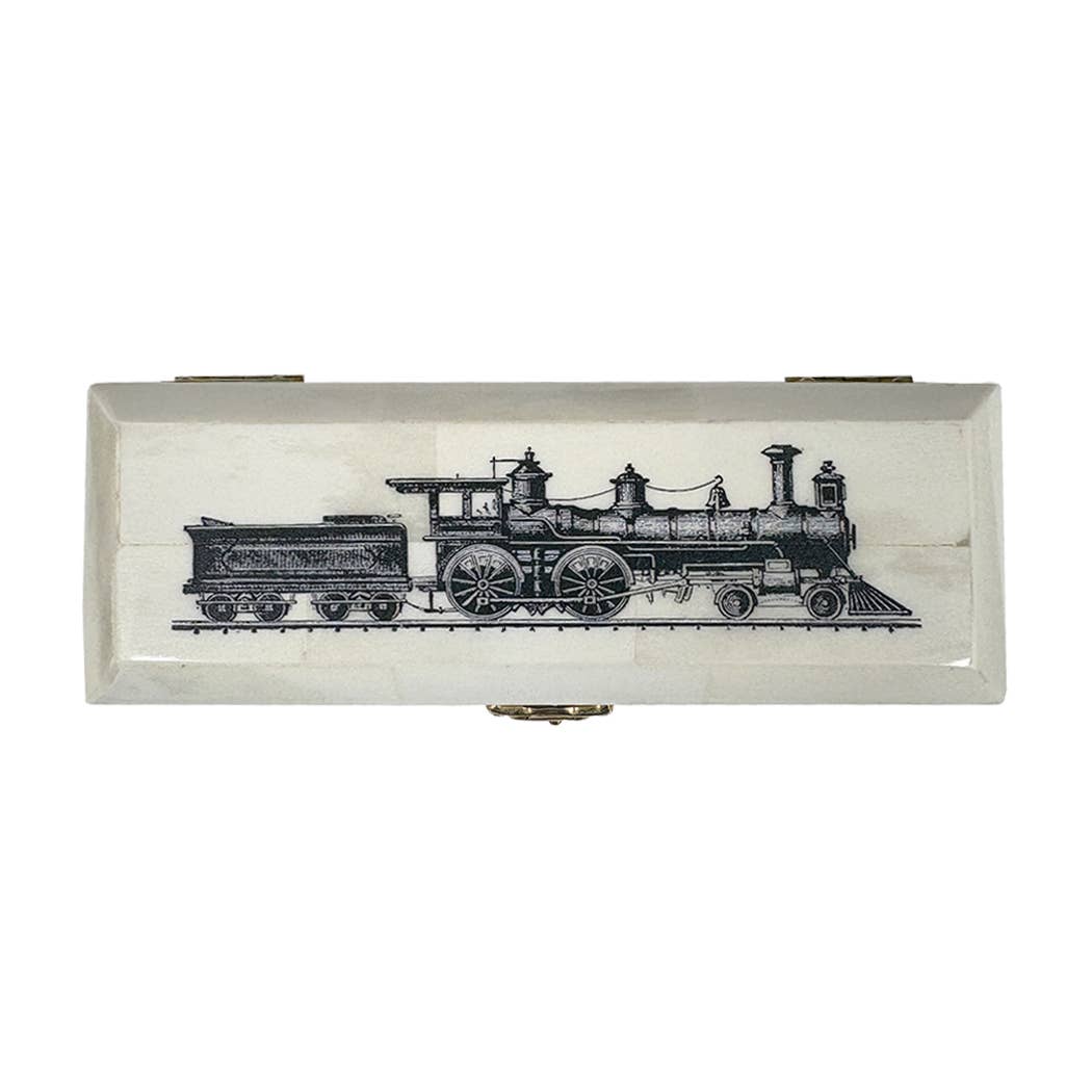 Vintage Train Locomotive Bone Postage Stamp Tabletop Box