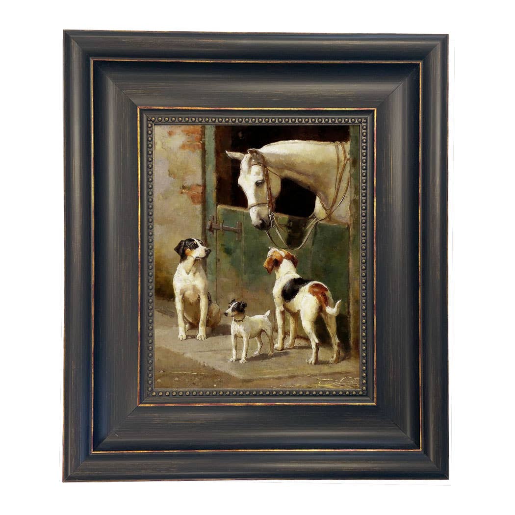 Dog and Horse at Stable Vintage Painting Print on Canvas: Wide Distressed Black/Copper-Bead / 8" x 10"