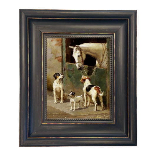Dog and Horse at Stable Vintage Painting Print on Canvas: Wide Distressed Black/Copper-Bead / 8" x 10"