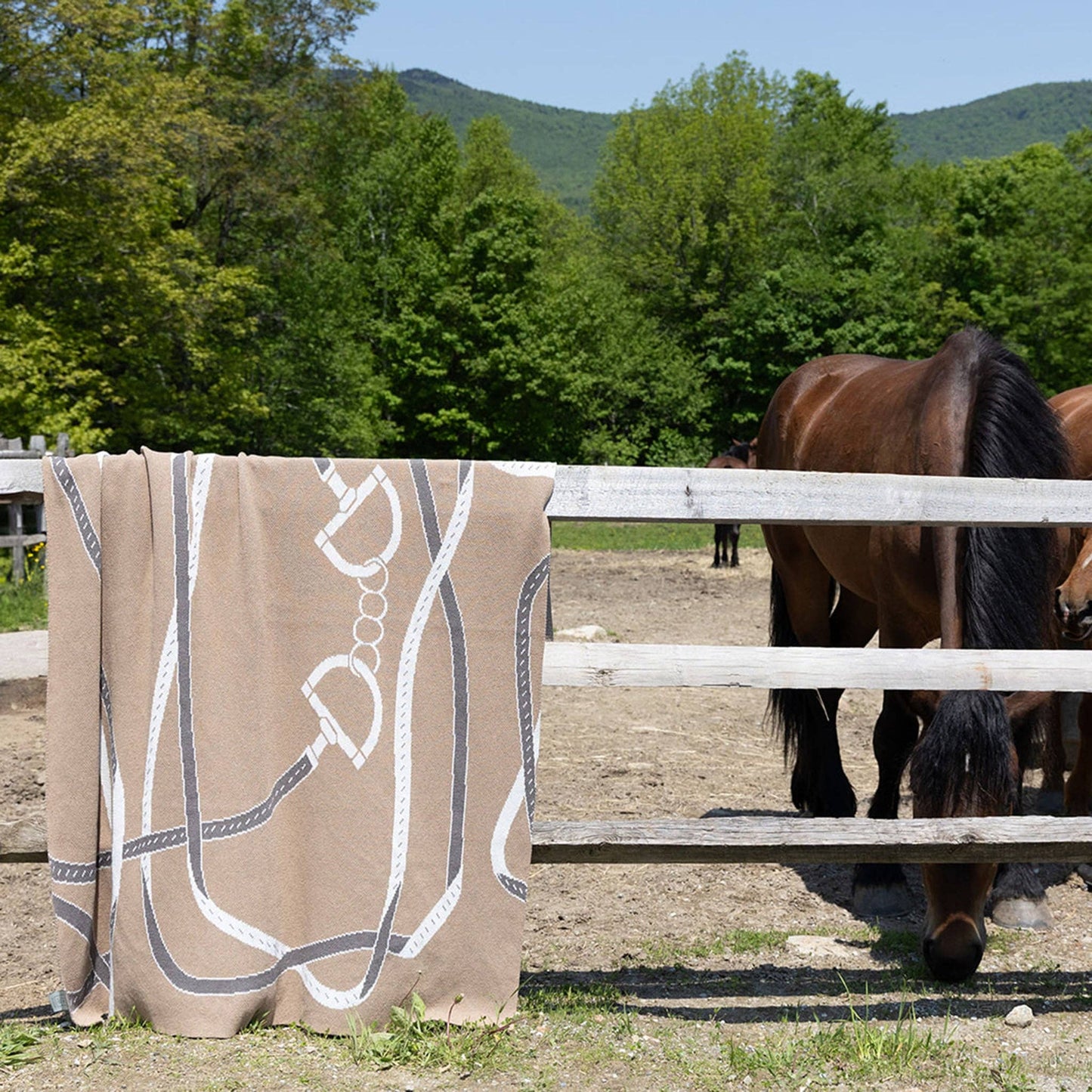 Cotton Sustainable Knit Patterned Throw Blanket - Equestrian Tack: Grey
