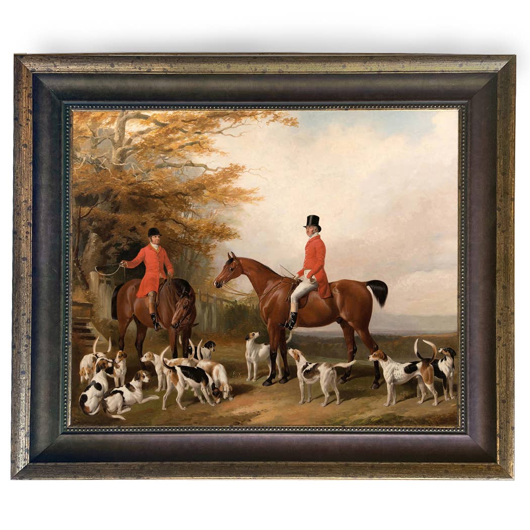 The Meeting Fox Hunt Scene Vintage Painting Print on Canvas: Gold Florentine Leaf / 8" x 10"