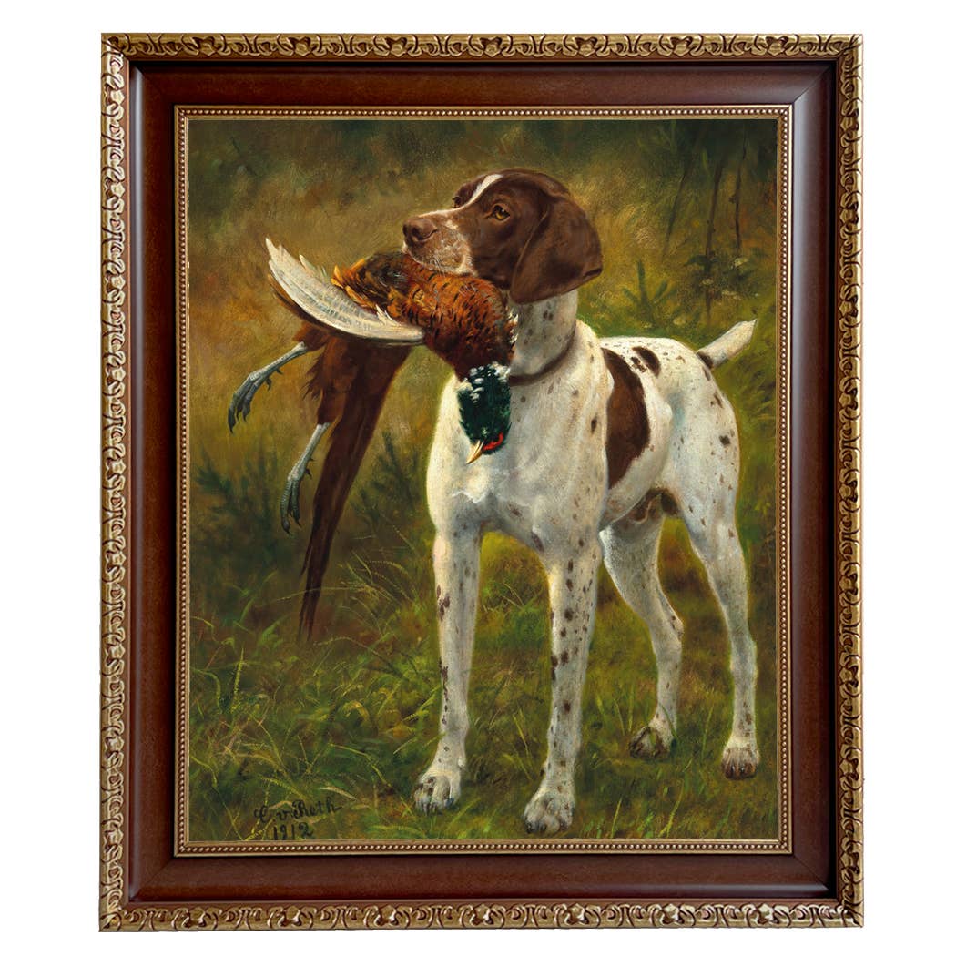 English Pointer with Pheasant Painting Print on Canvas: Distressed Black / 5" x 6"