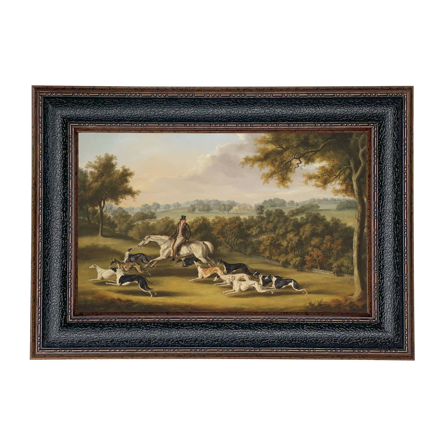 Horse & Hunter with Greyhounds by William Davis | Wall decor: Gold Florentine Leaf / 7″ x 11″