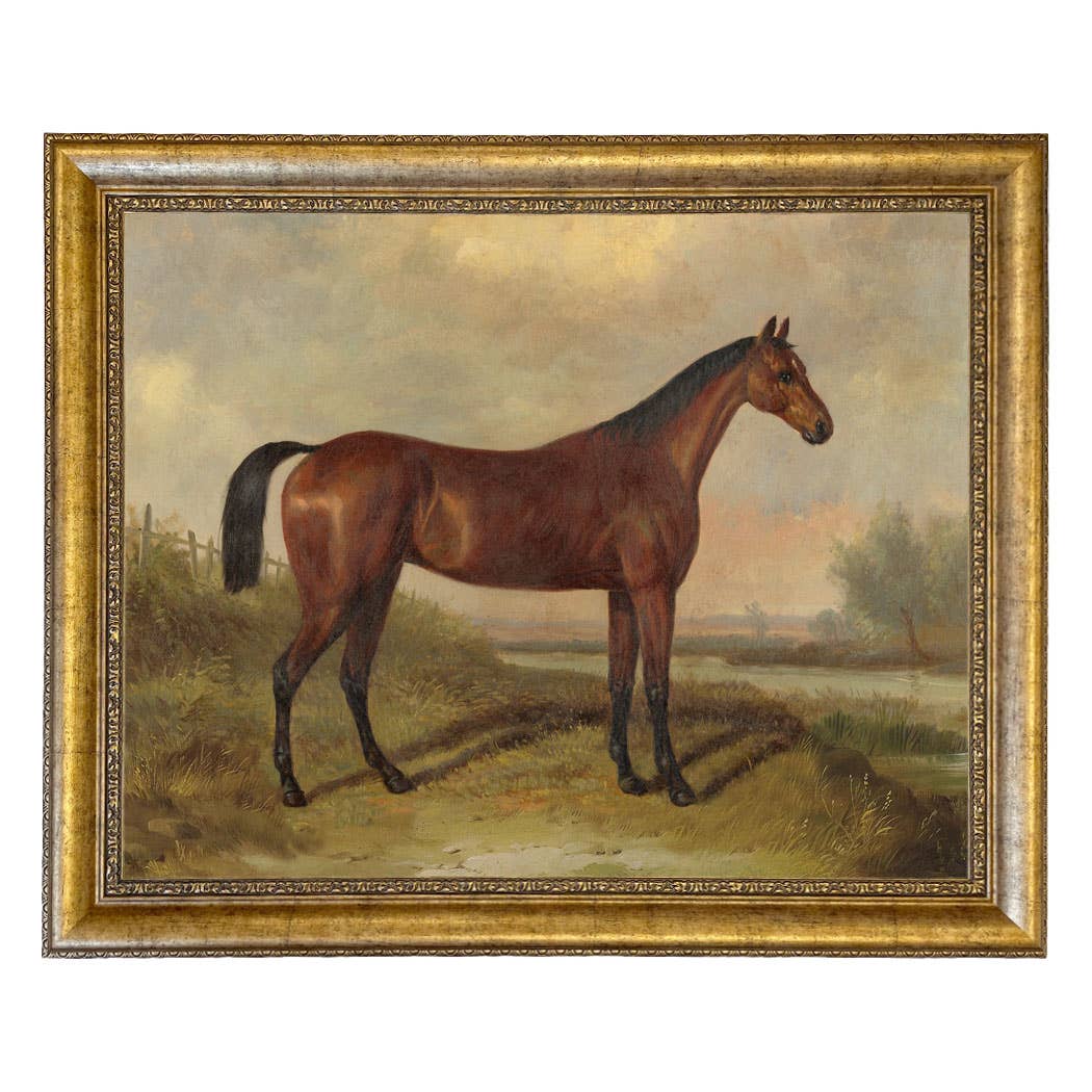 Hunter in a Landscape Vintage Painting Print on Canvas: Gold Florentine Leaf / 8" x 10"
