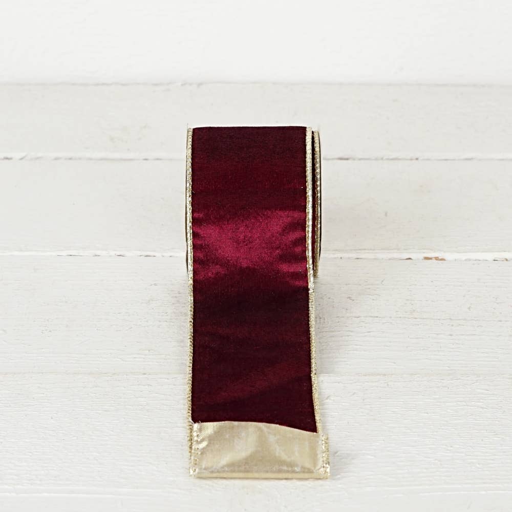 R32941-Wired Ribbon-Burgundy Velvet w. Gold back (2.5inW)
