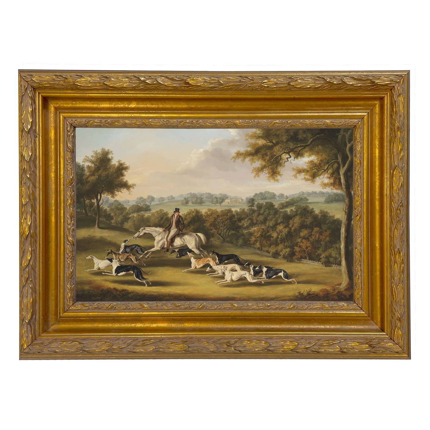 Horse & Hunter with Greyhounds by William Davis | Wall decor: Gold Florentine Leaf / 7″ x 11″
