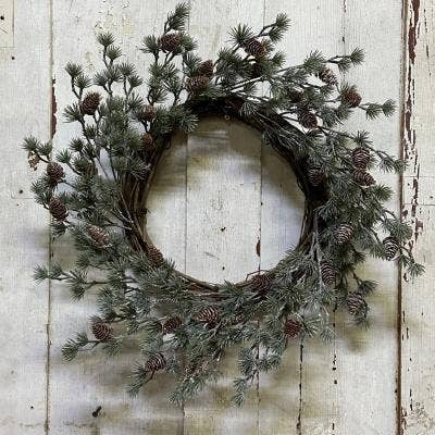 Frosted Pine Wreath With Mini Cones On A Twig Base, Hw