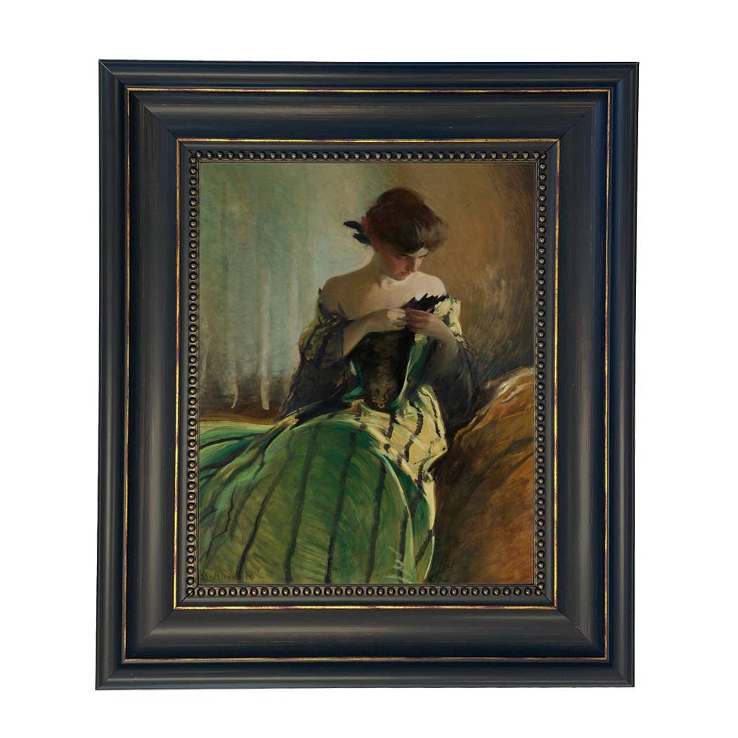 Woman in Black and Green Dress Vintage Canvas Painting Print: Ornate Antiqued Gold / 8" x 10"