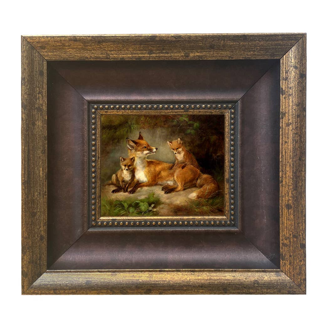 Family of Foxes Vintage Painting Print on Canvas Wall Art: Narrow Distressed Black/Copper-Bead / 5" x 6"