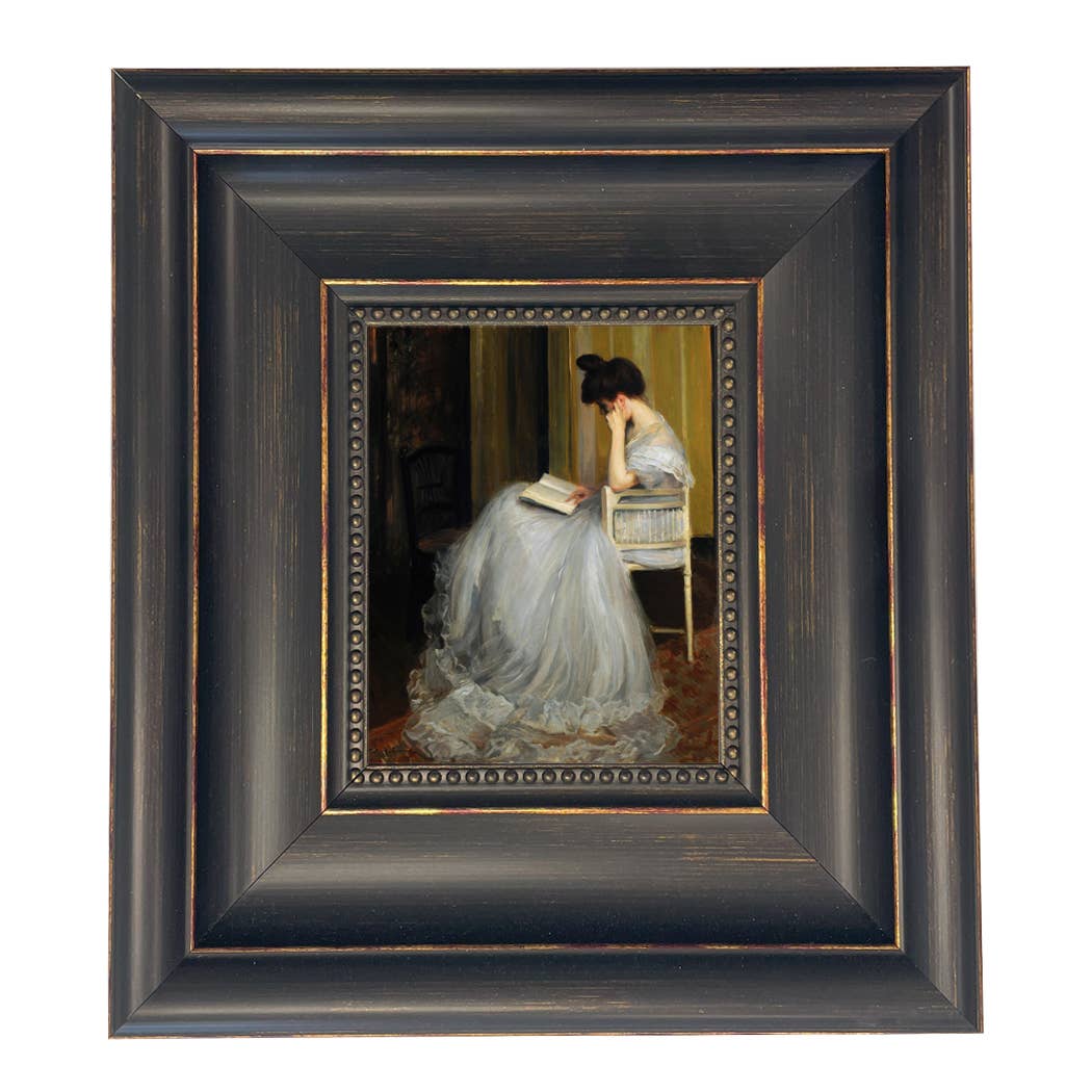 Woman Reading | Vintage Framed Painting Print on Canvas: Antiqued Gold / 5" x 6"