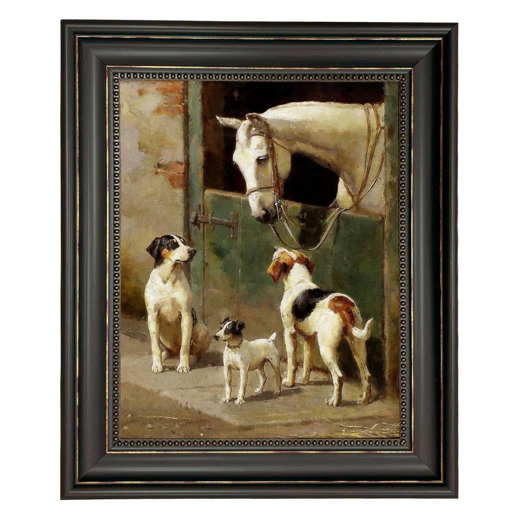 Dog and Horse at Stable Vintage Painting Print on Canvas: Leather-look Black/Antiqued Gold / 5" x 6"