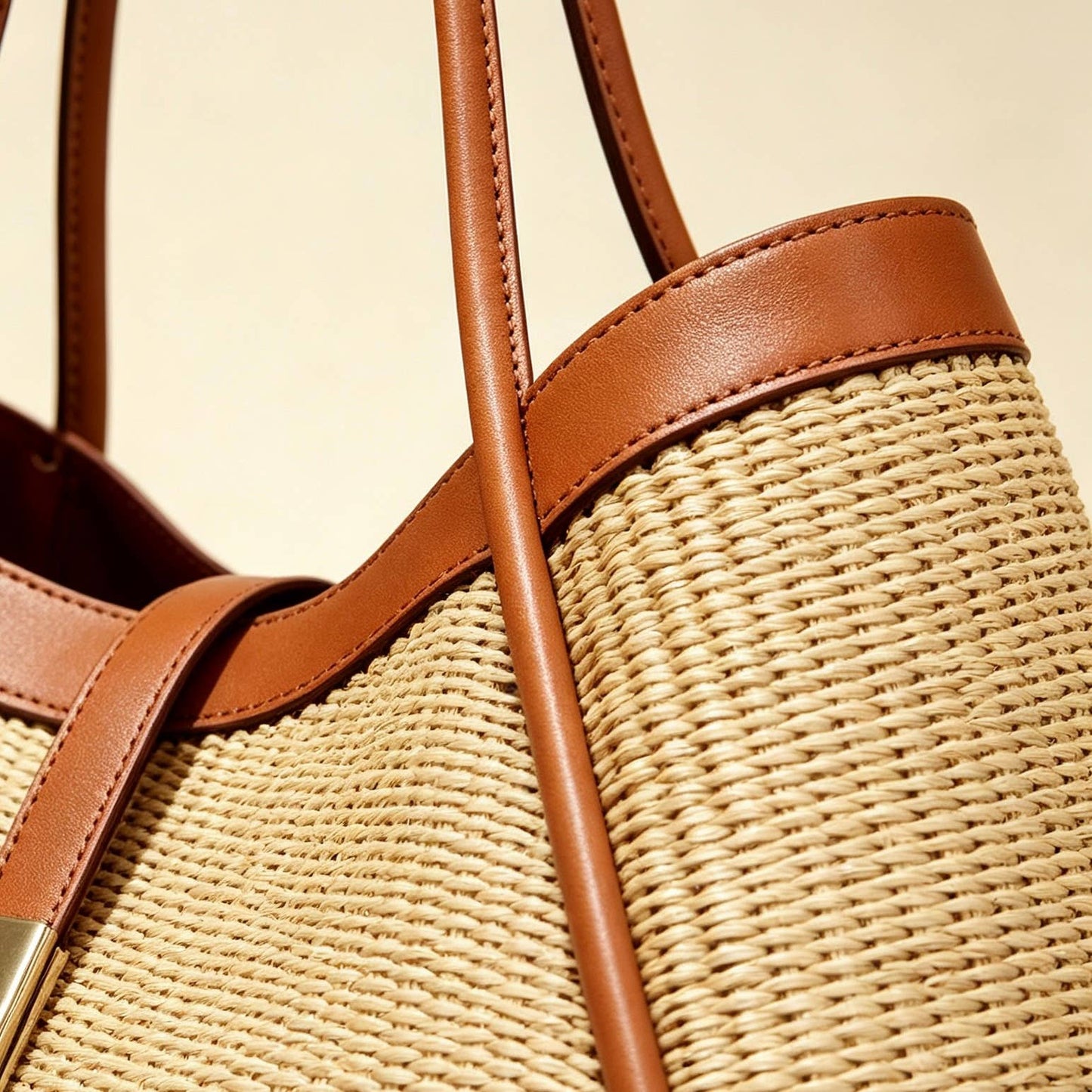 Medium raffia bag with Togo leather details 35x20x15 cm: Cognac