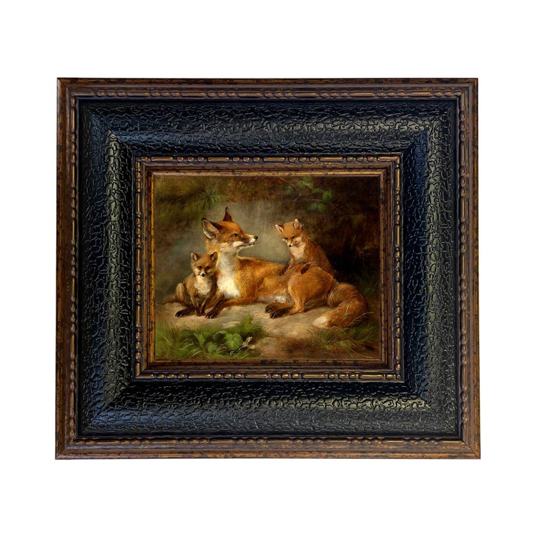 Family of Foxes Vintage Painting Print on Canvas Wall Art: Black Distressed / 5" x 6"