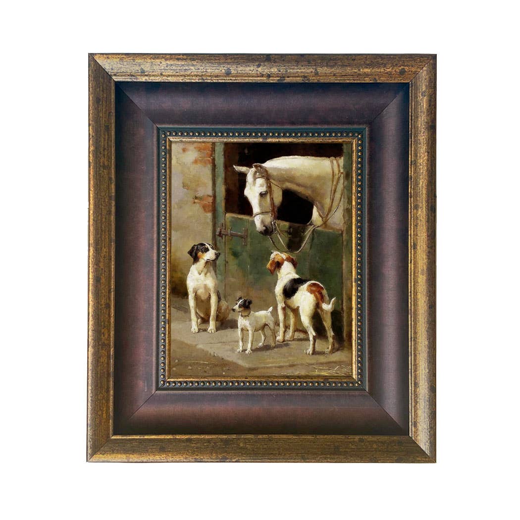 Dog and Horse at Stable Vintage Painting Print on Canvas: Leather-look Black/Antiqued Gold / 5" x 6"