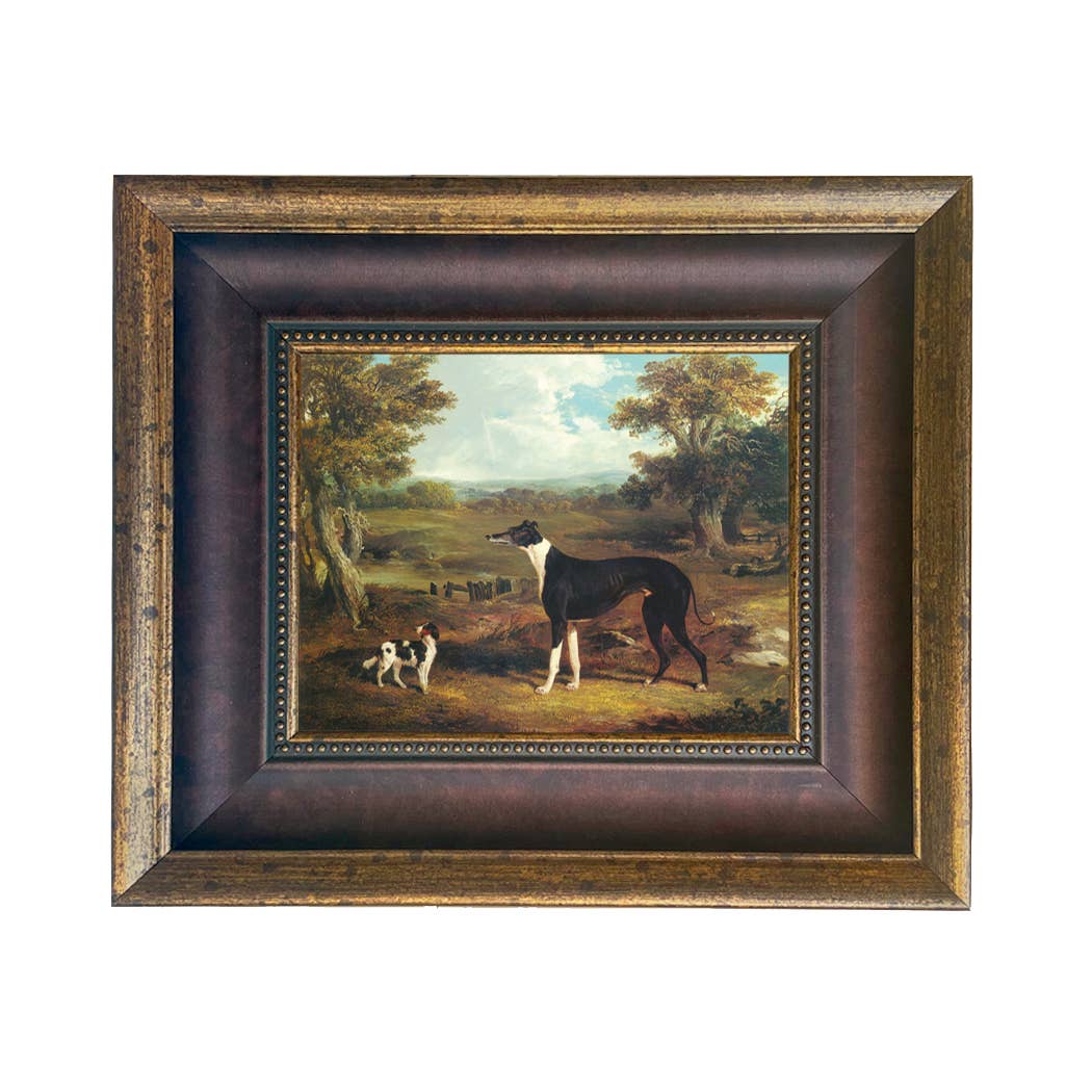 Greyhound and King Charles Spaniel Painting Print on Canvas: Wide Distressed Black/Copper-Bead / 5" x 6"