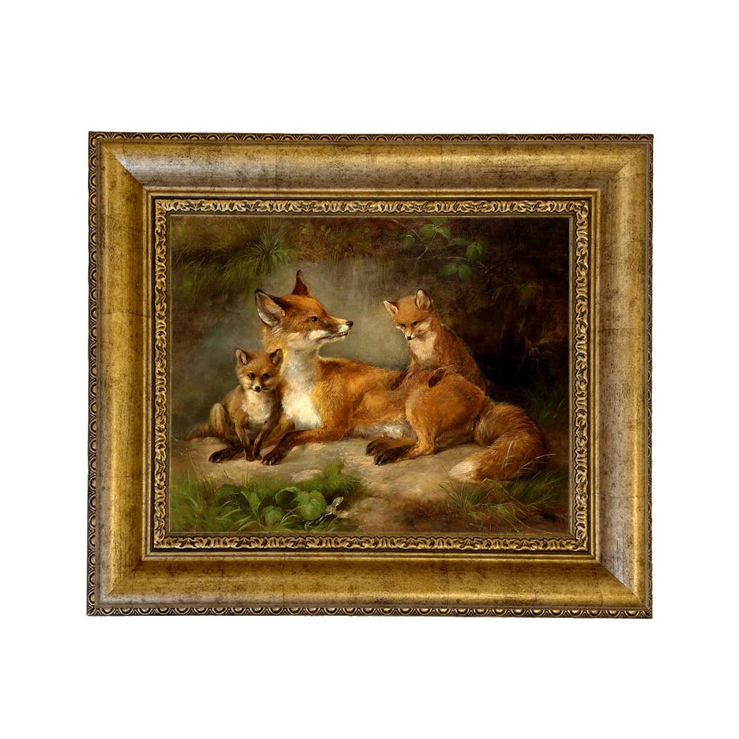 Family of Foxes Vintage Painting Print on Canvas Wall Art: Black Distressed / 5" x 6"