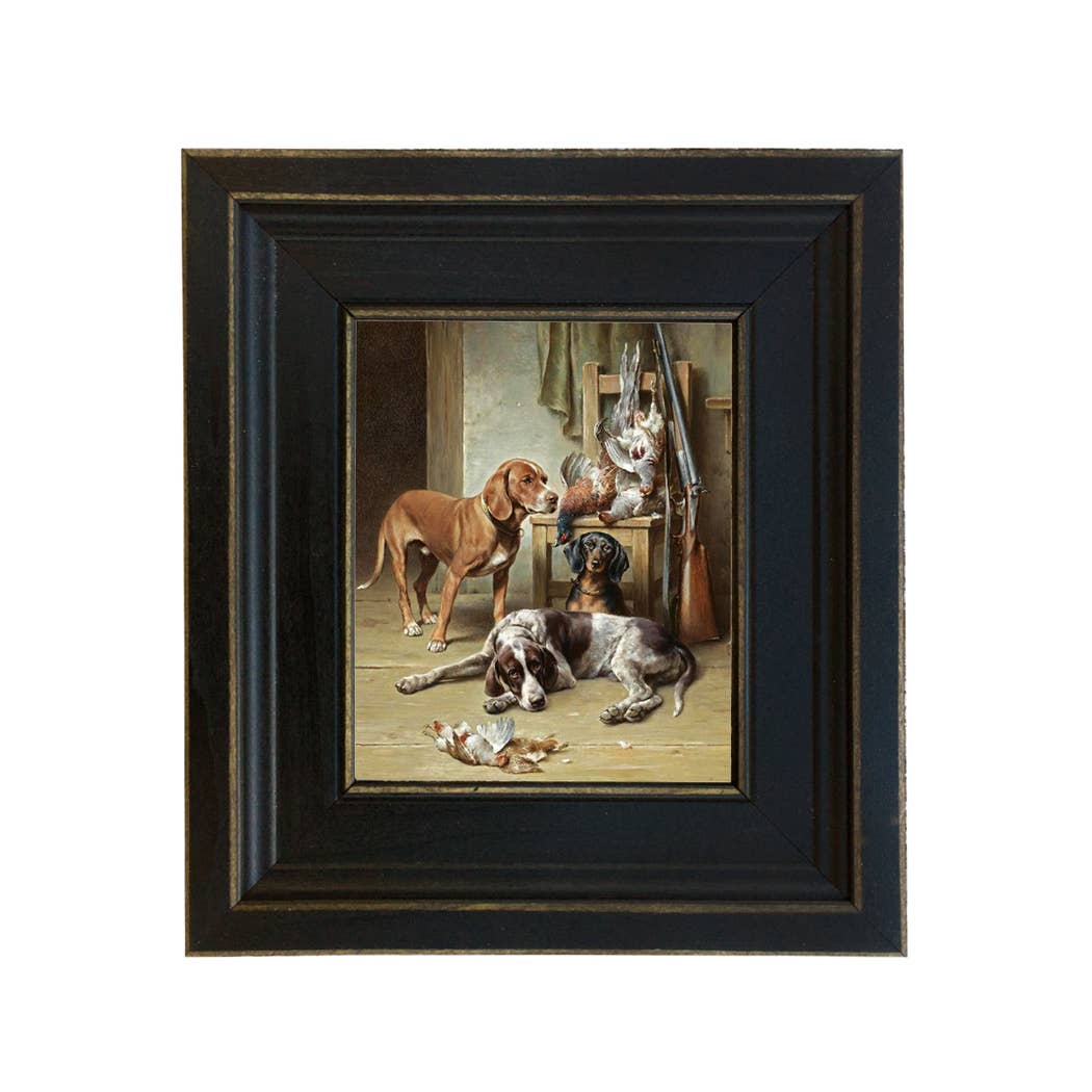 Hounds and Game Vintage Framed Painting Print on Canvas: 5" x 6"