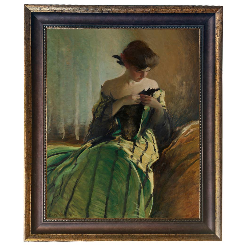 Woman in Black and Green Dress Vintage Canvas Painting Print: Ornate Antiqued Gold / 8" x 10"
