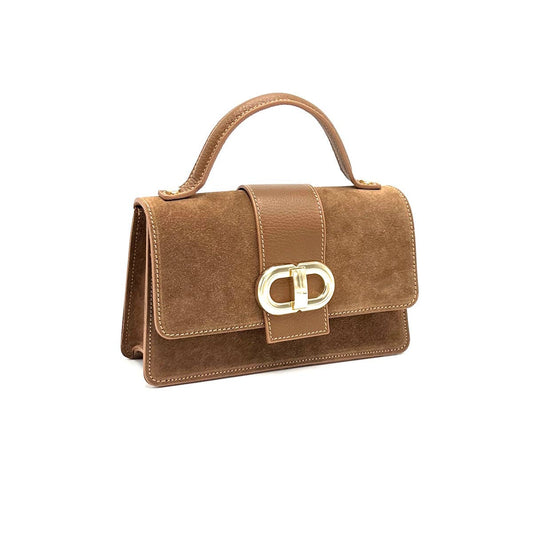 Suede leather clutch bag with chain, Made in Italy, art. 112633: Camel
