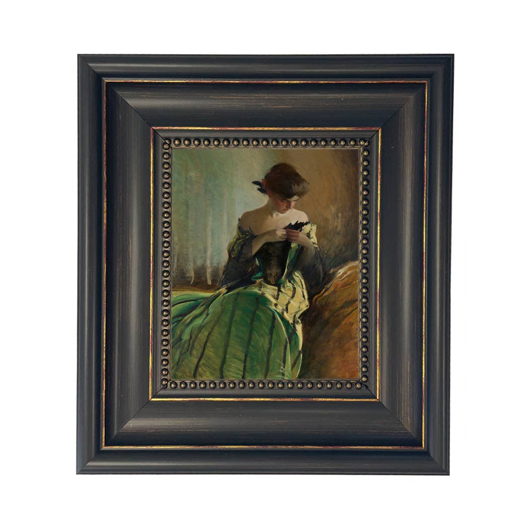 Woman in Black and Green Dress Vintage Canvas Painting Print: Ornate Antiqued Gold / 8" x 10"
