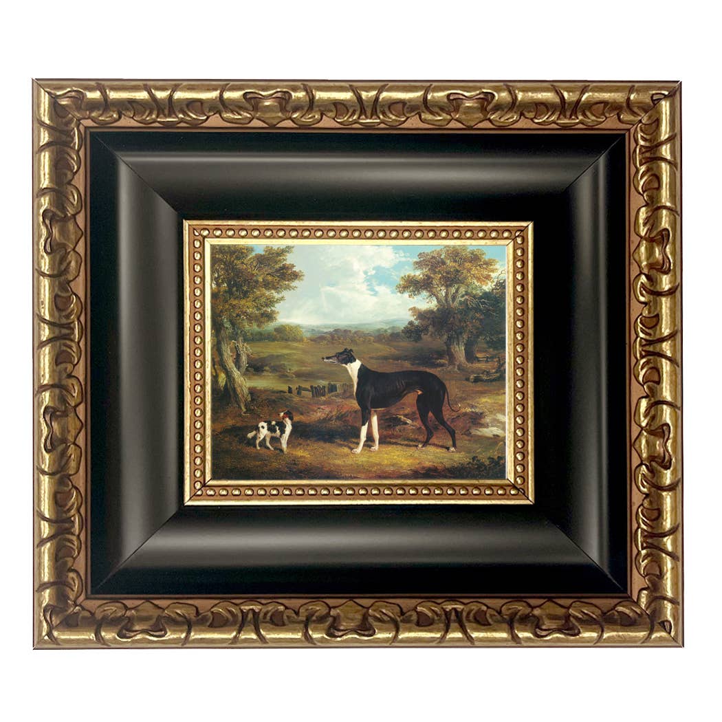 Greyhound and King Charles Spaniel Painting Print on Canvas: Wide Distressed Black/Copper-Bead / 5" x 6"