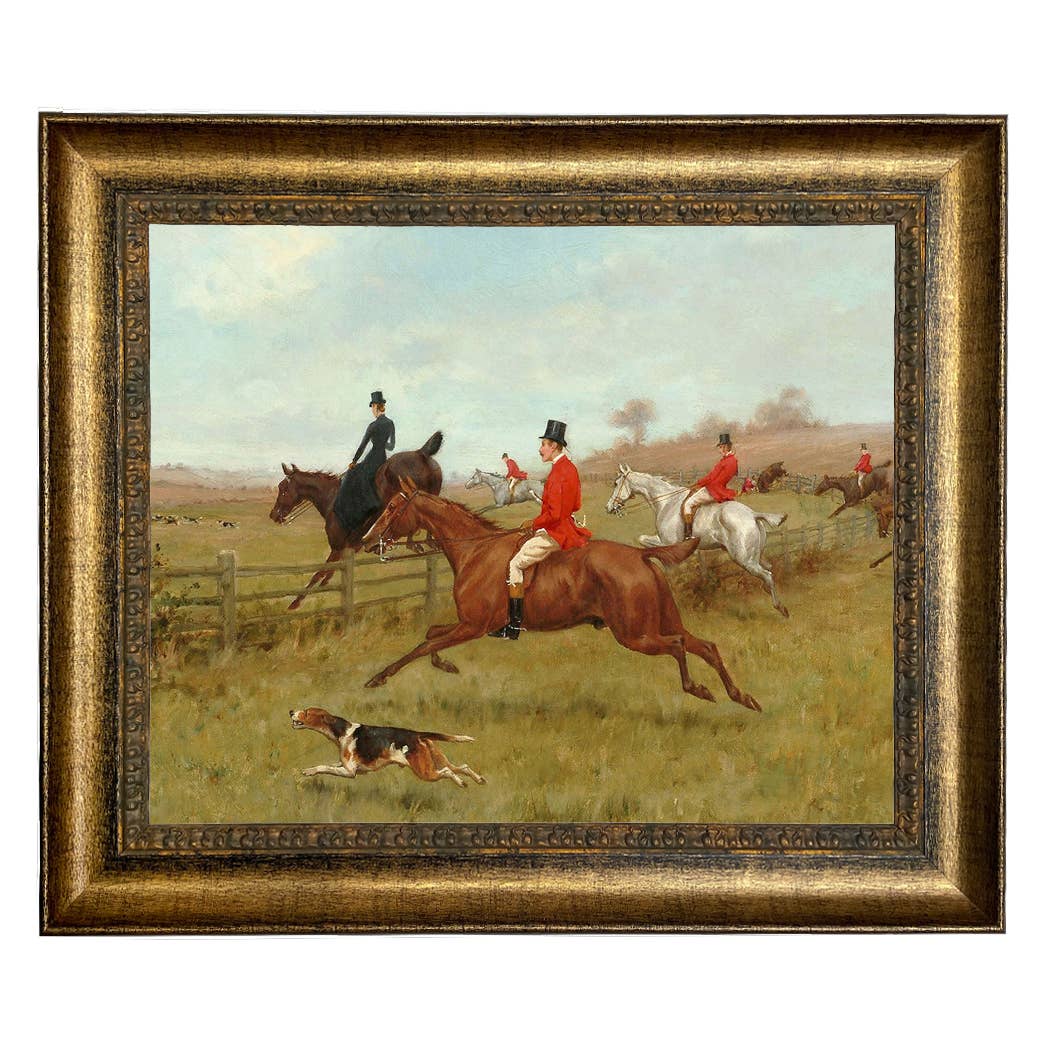 The Chase, Fox Hunting Vintage Painting Print : Antiqued Gold / 5" x 6"