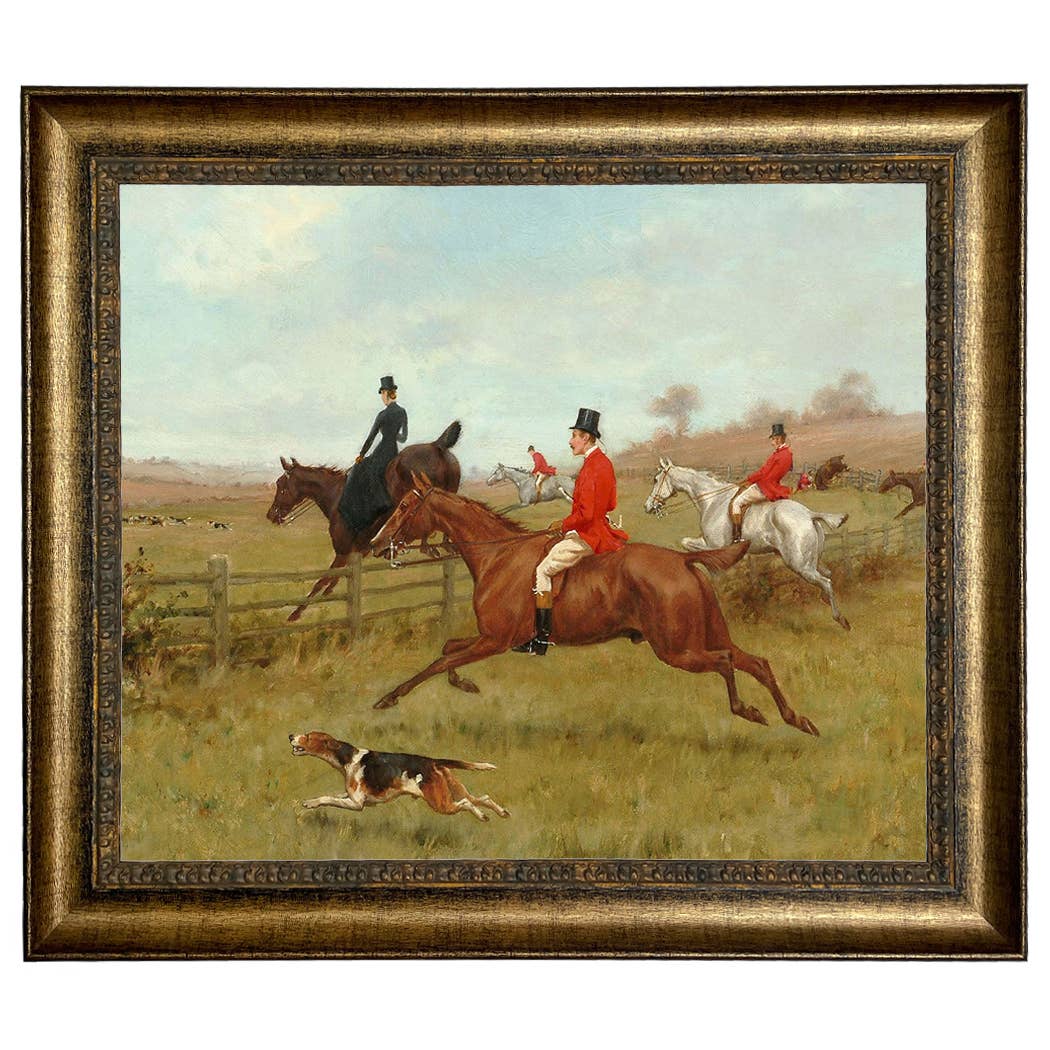 The Chase, Fox Hunting Vintage Painting Print : Antiqued Gold / 5" x 6"