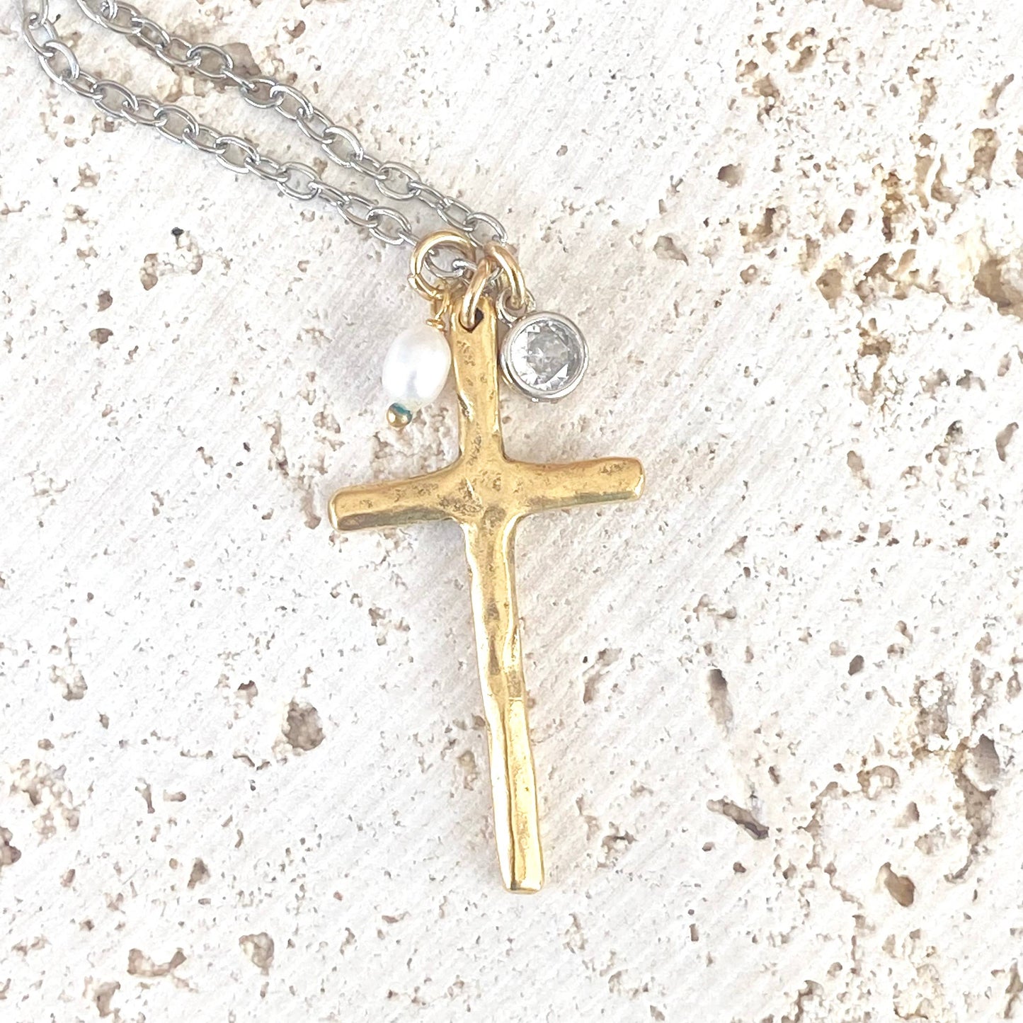 Cross necklace religious jewelry rustic pearl non tarnishing: Silver