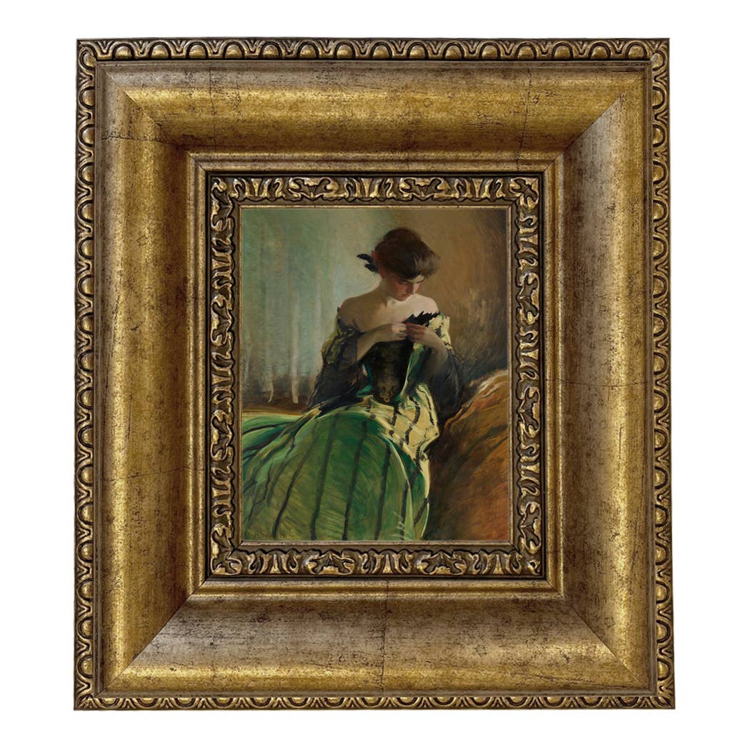 Woman in Black and Green Dress Vintage Canvas Painting Print: Ornate Antiqued Gold / 8" x 10"