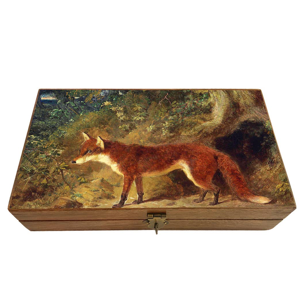 Fox & Feathers Equestrian Vintage Wood Trinket Box: Rustic wood / Medium
