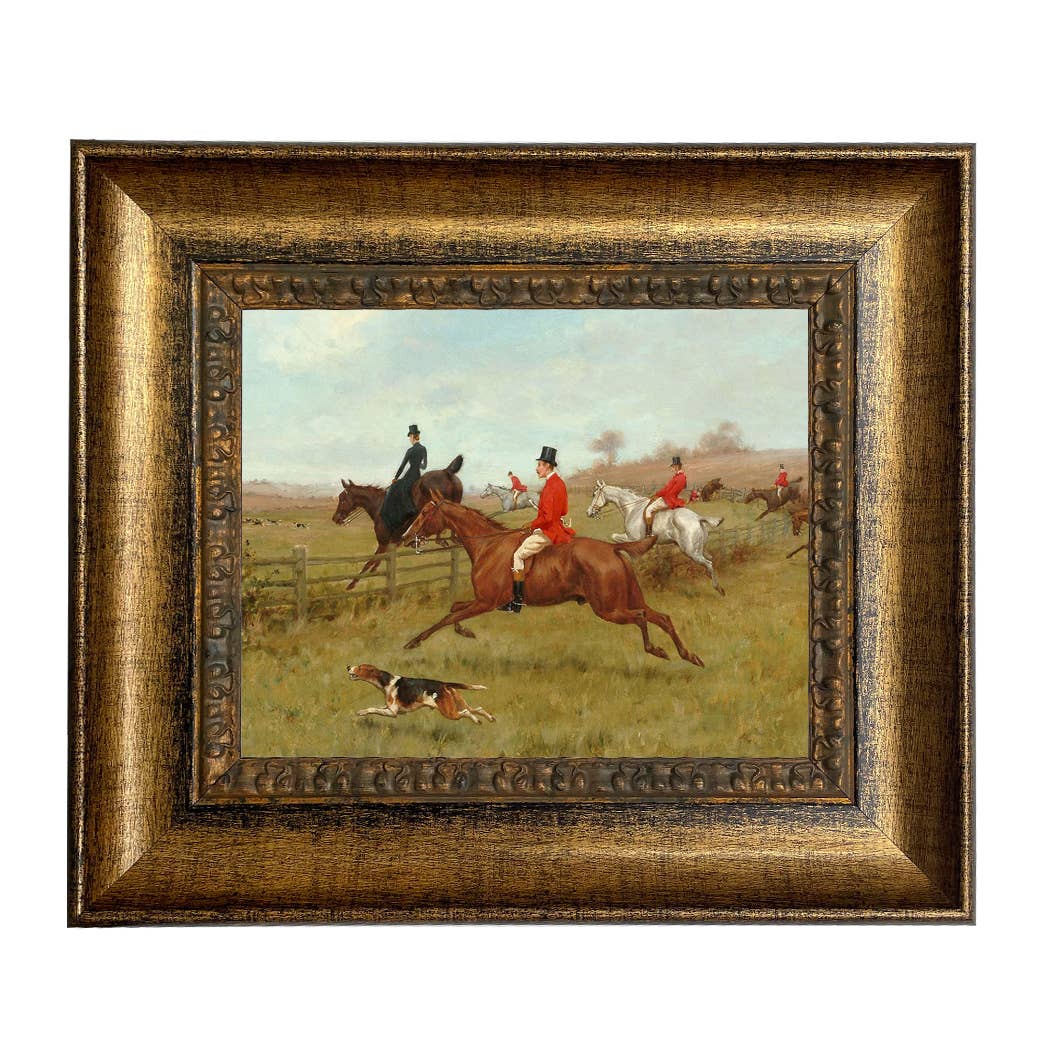 The Chase, Fox Hunting Vintage Painting Print : Antiqued Gold / 5" x 6"