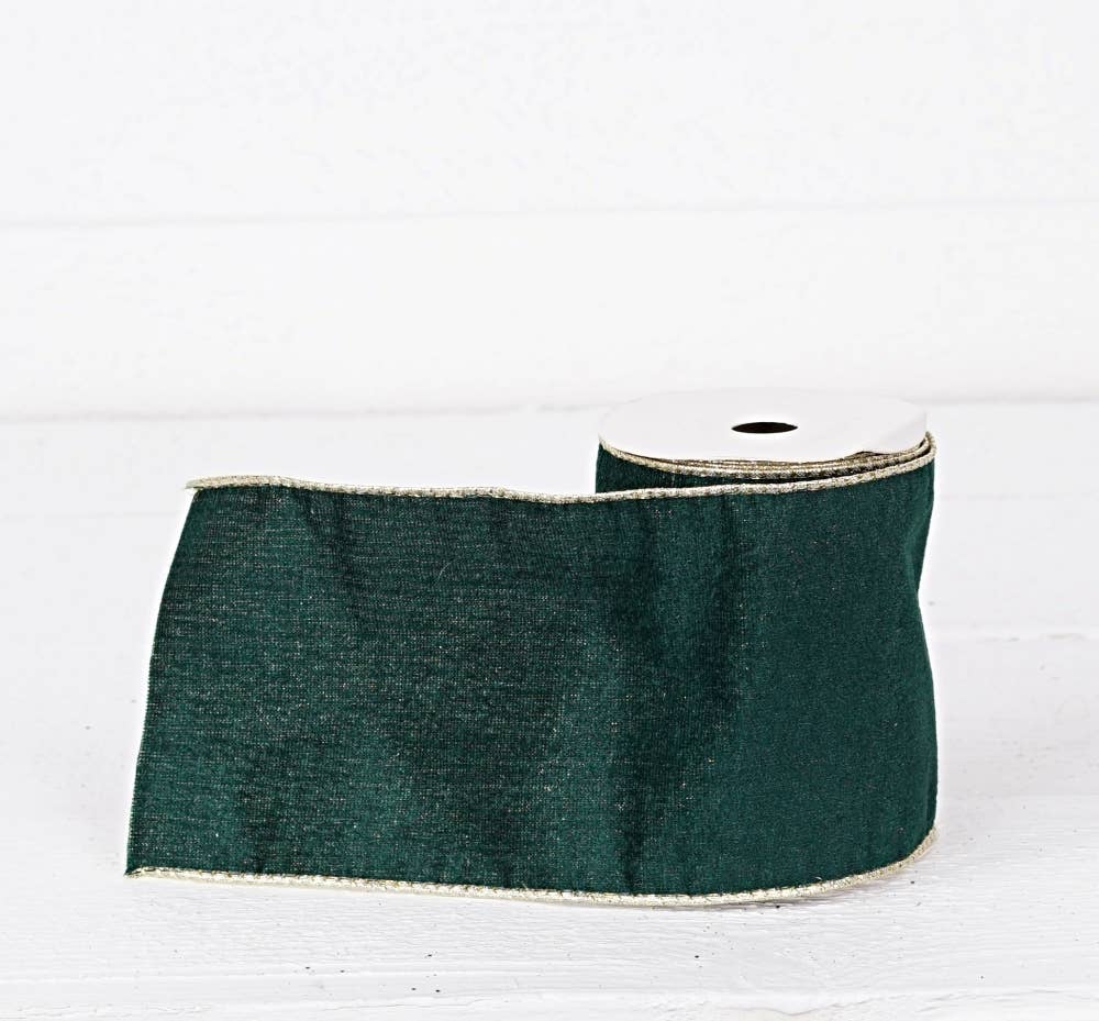 R32987-Wired Ribbon-Green hard velvet w. Gold Back (4inW)