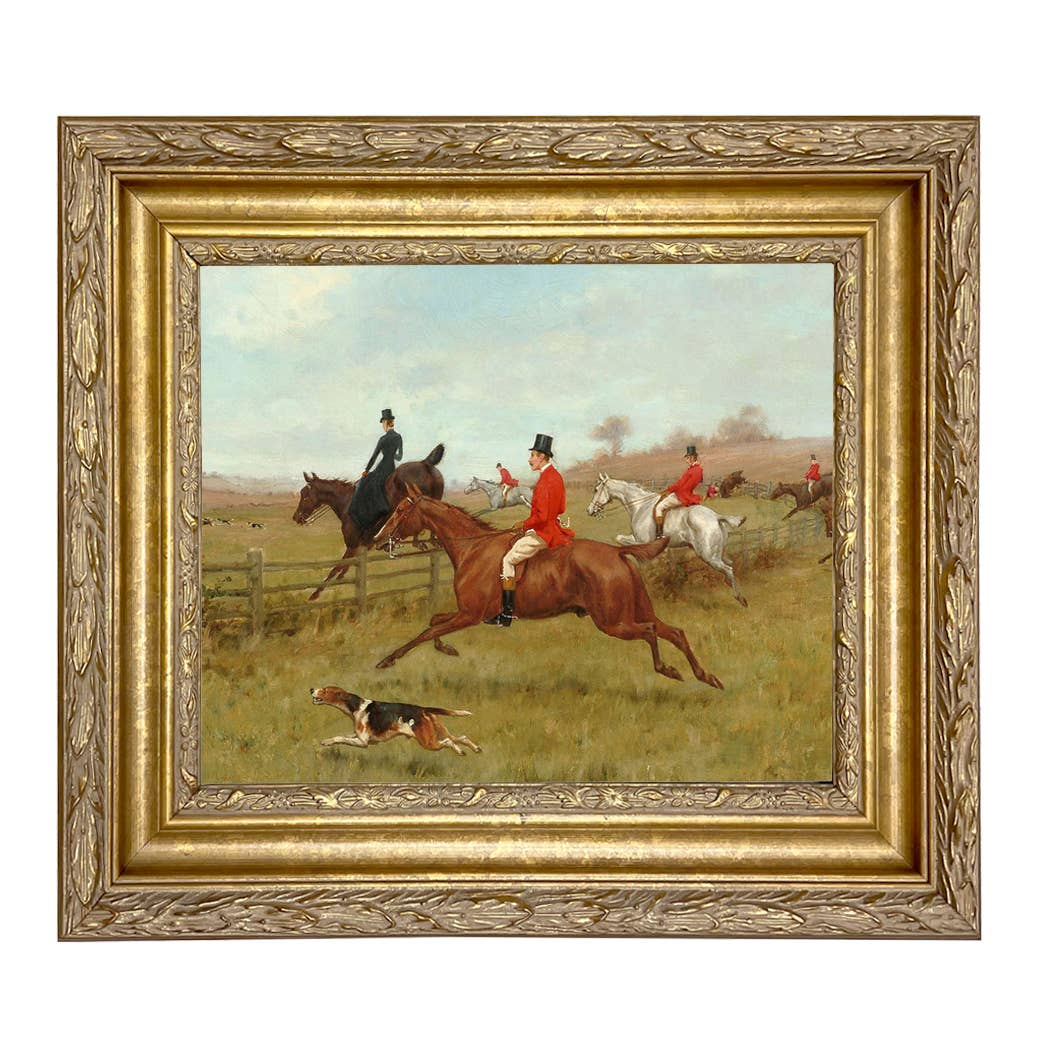The Chase, Fox Hunting Vintage Painting Print : Antiqued Gold / 5" x 6"