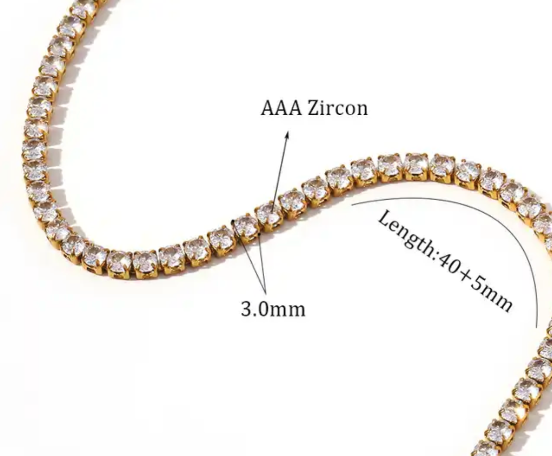 Tennis Necklace. Premium PV plated stainless CZ. : Yellow Gold / 4mm