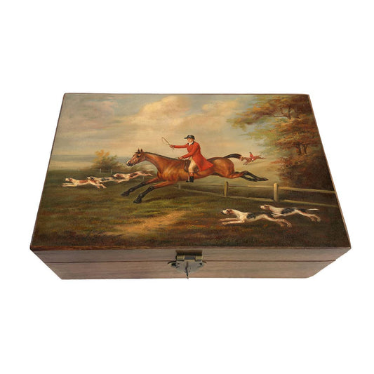 Fox Hunting Scene Decorative Vintage Wood Trinket Box: Rustic wood / Medium