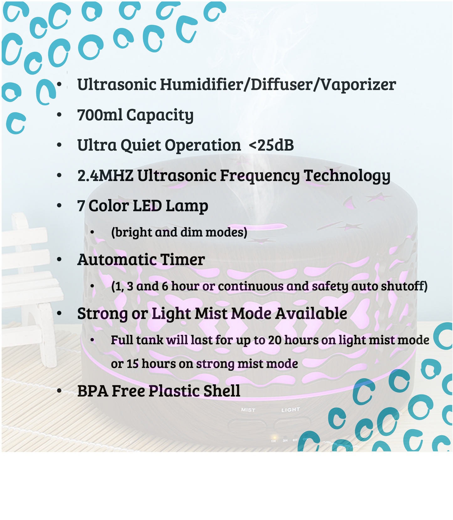 Designer 700ml Ultrasonic 5 in 1 Home Diffuser, Branches: Light Wood
