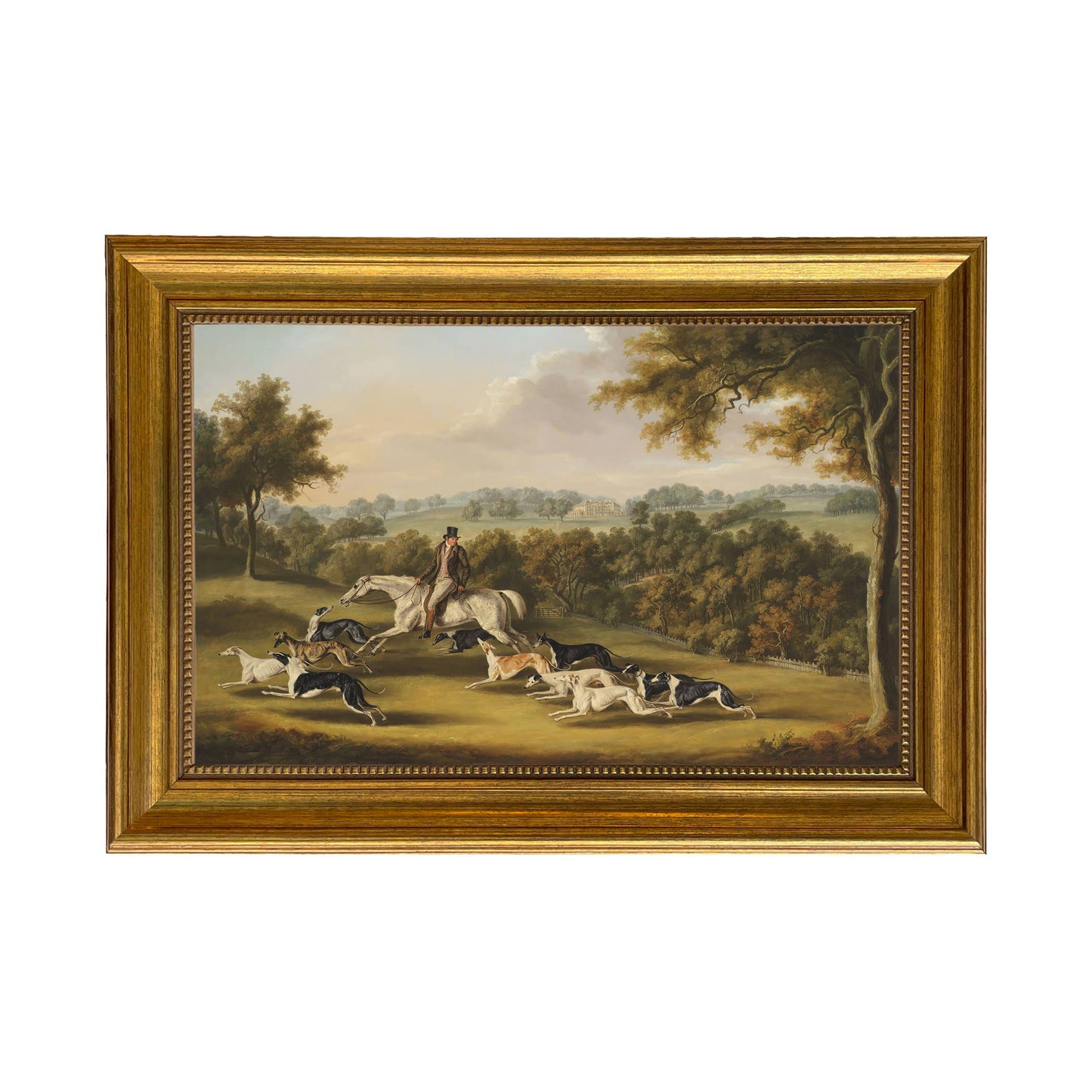 Horse & Hunter with Greyhounds by William Davis | Wall decor: Gold Florentine Leaf / 7″ x 11″