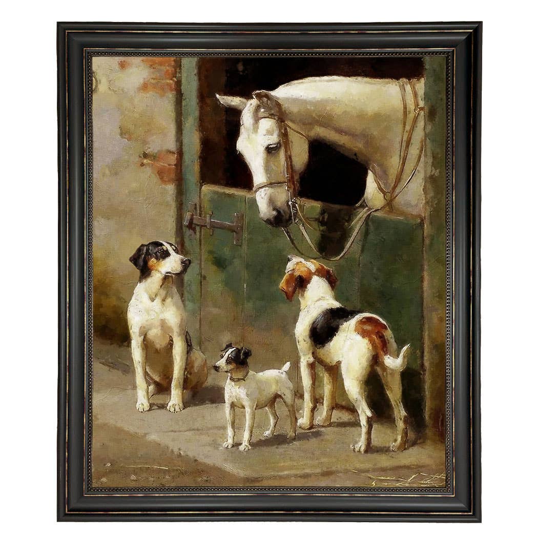 Dog and Horse at Stable Vintage Painting Print on Canvas: Leather-look Black/Antiqued Gold / 5" x 6"