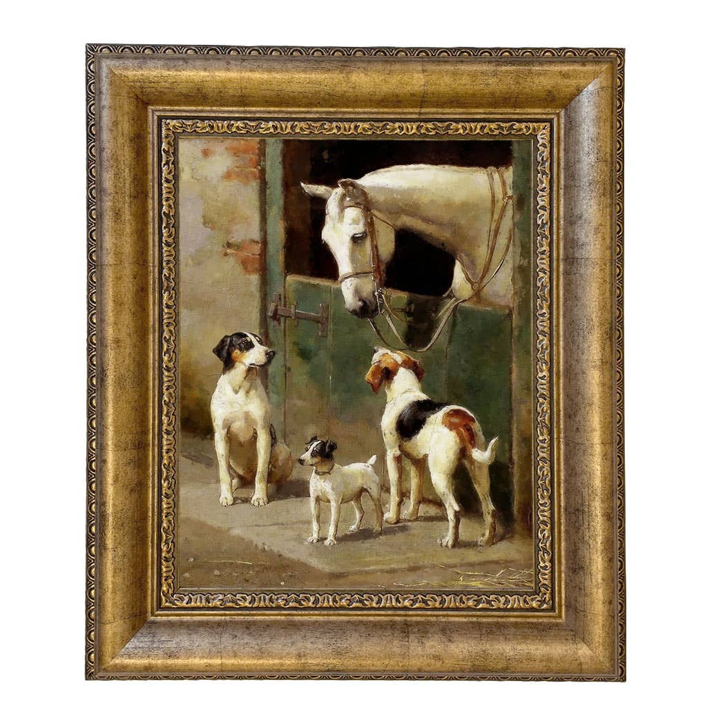 Dog and Horse at Stable Vintage Painting Print on Canvas: Wide Distressed Black/Copper-Bead / 8" x 10"