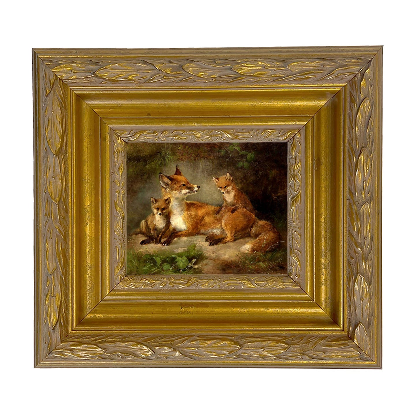Family of Foxes Vintage Painting Print on Canvas Wall Art: Black Distressed / 5" x 6"