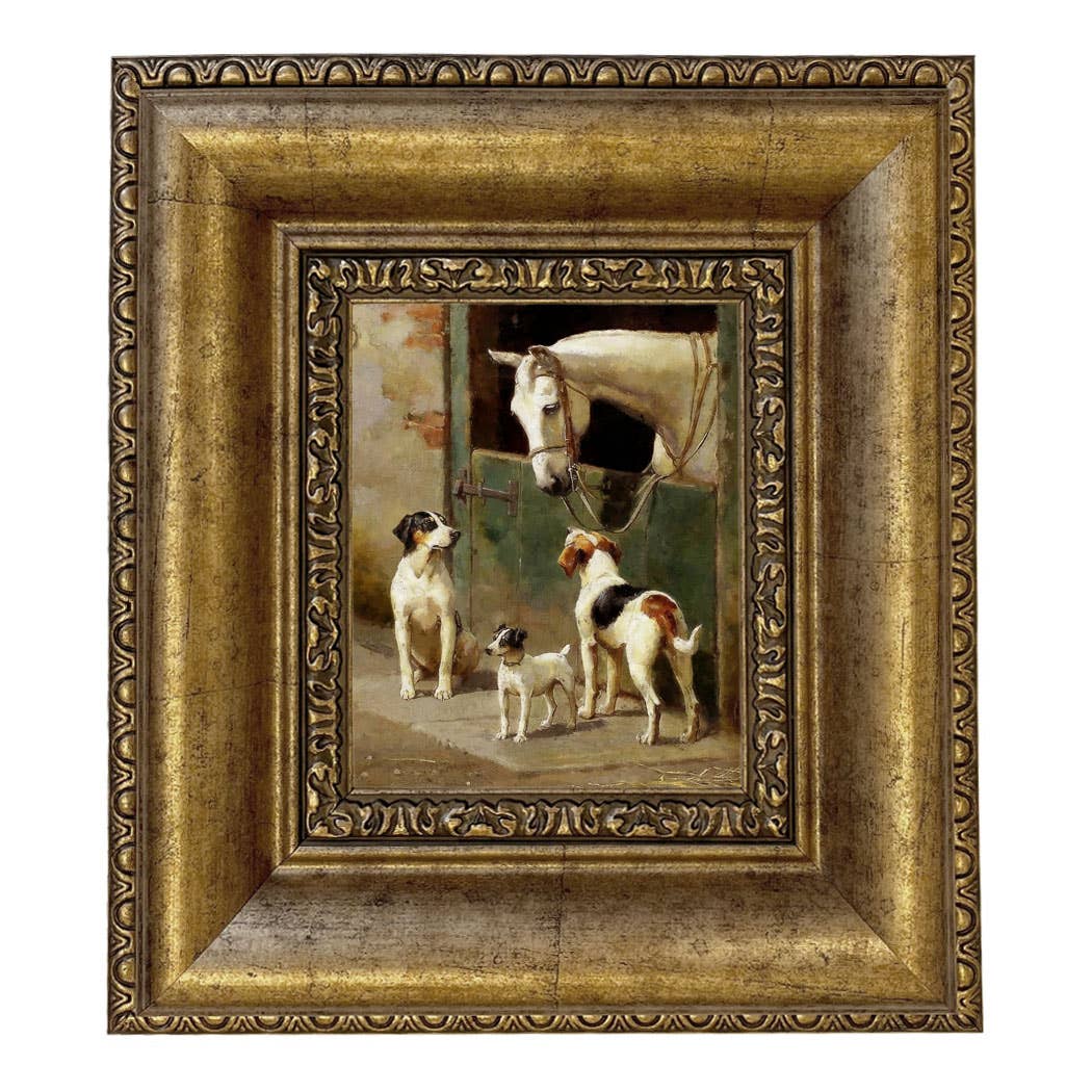 Dog and Horse at Stable Vintage Painting Print on Canvas: Leather-look Black/Antiqued Gold / 5" x 6"